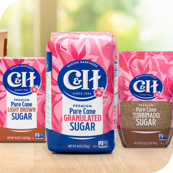 c&h premium pure cane light brown sugar, granulated sugar, and turbinado sugar
