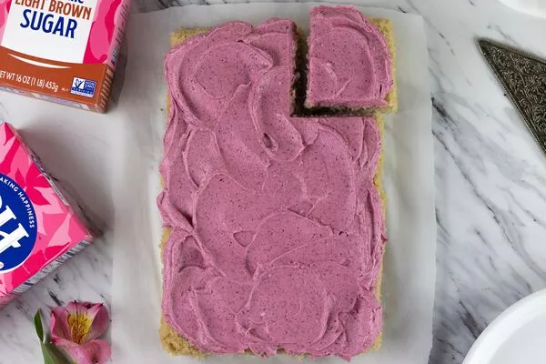 Fluffy Vanilla Cake with Brown Sugar Hibiscus Frosting