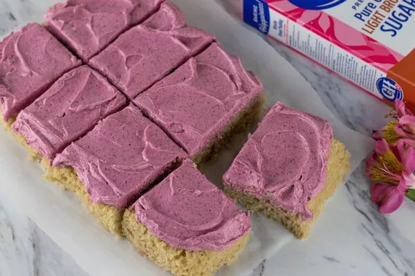 Fluffy Vanilla Cake with Brown Sugar Hibiscus Frosting