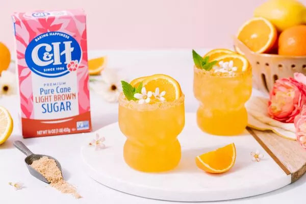 orange blossom whiskey smash with c&h light brown sugar