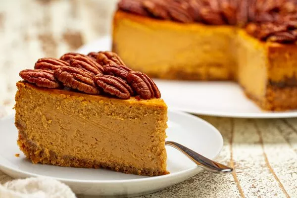 pumpkin pecan cheesecake made with c&h light brown sugar and granulated sugar