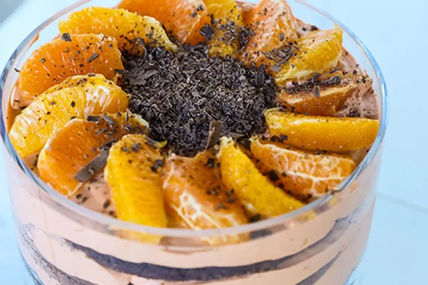 Blood Orange Mousse and Chocolate Cake Layered Trifle