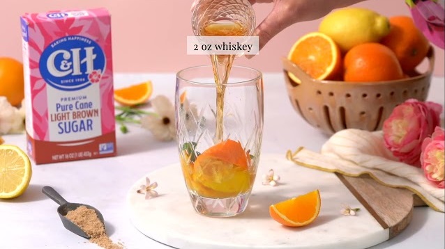 orange blossom whiskey smash with c&h light brown sugar