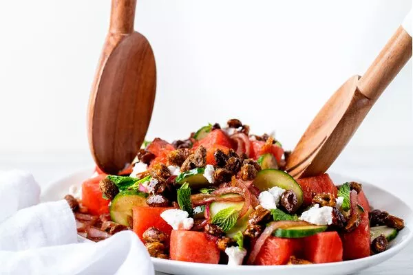 Watermelon Salad with Goat Cheese and Candied Pistachios