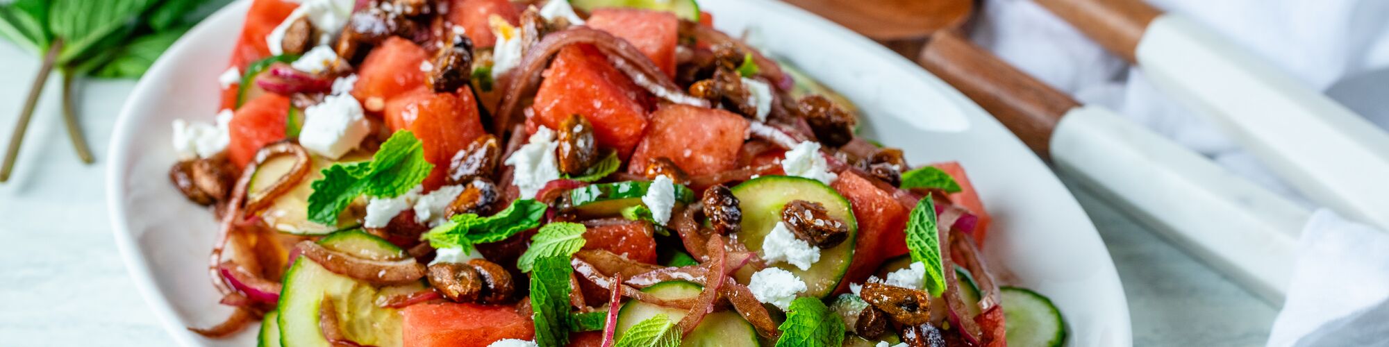 Watermelon Salad with Goat Cheese and Candied Pistachios