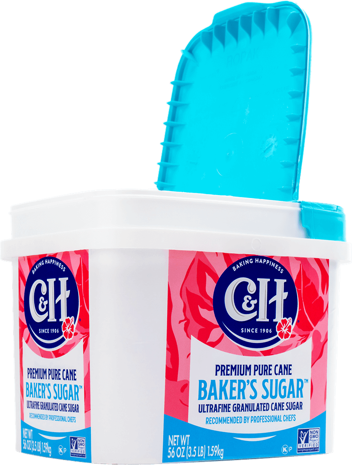 An open tub of C&H® Baker's Sugar